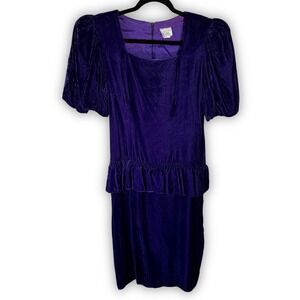 Vintage Kwai Purple Velvet 80s Peplum Dress Puffed Sleeve ILGWU Made in USA 12